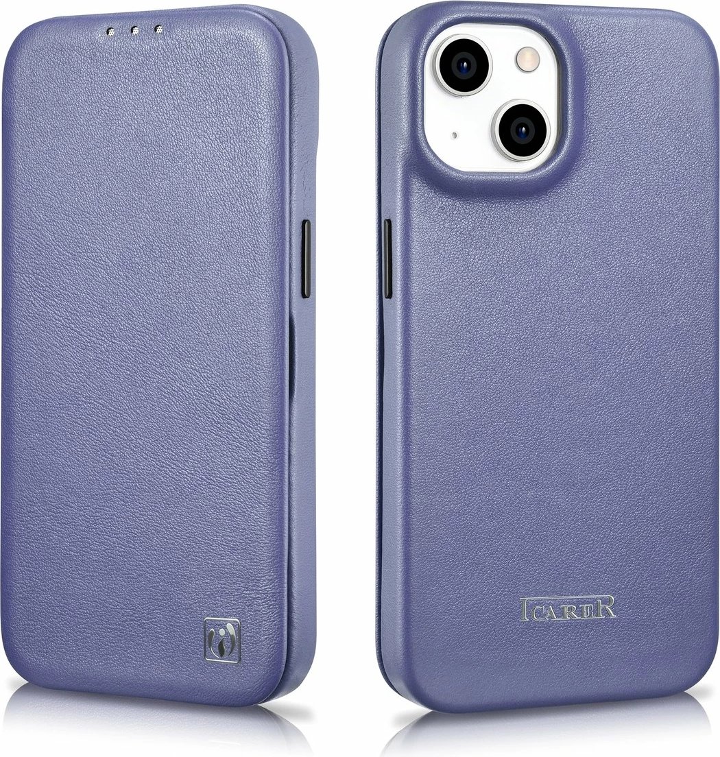 Mbështjellës lëkure iCarer CE Premium Folio për iPhone 14 Plus, MagSafe, Vjollcë e lehtë