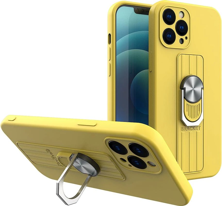 Mbështjellës silikoni Hurtel Ring Case për iPhone 11 Pro Max, me mbajtëse gishti dhe qëndrim, Verdhë