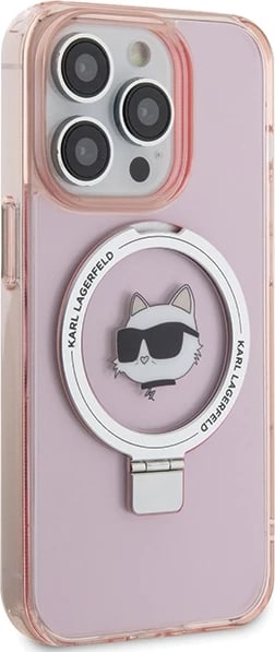 Mbështjellës Karl Lagerfeld KLHMP15XHMRSCHP për iPhone 15 Pro Max 6.7", me unazë Ring Stand Choupette Head, MagSafe, rozë