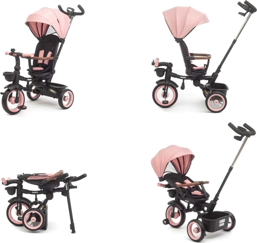 tricikël fëmijësh, Milly Mally Twinkle, sedilje rrotulluese 180°, timon prindëror i rregullueshëm, dritë LED, 12+ muaj, rozë