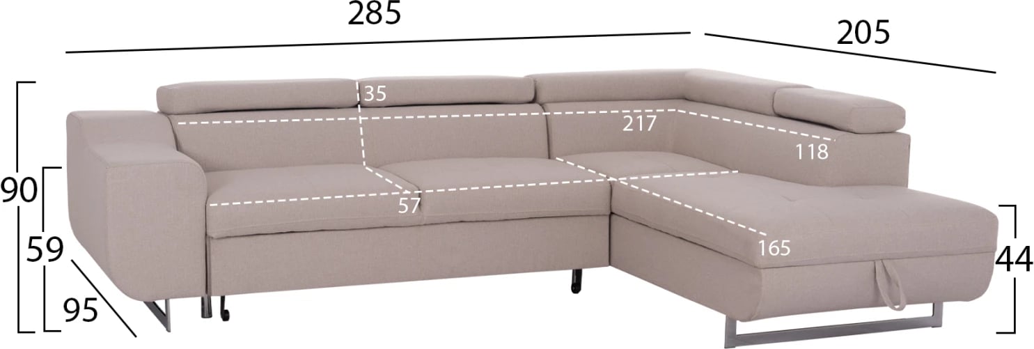 Kënd-sofë me hapësirë për depo, Encore FH3301.03R, material bezhë, 285x205x90cm