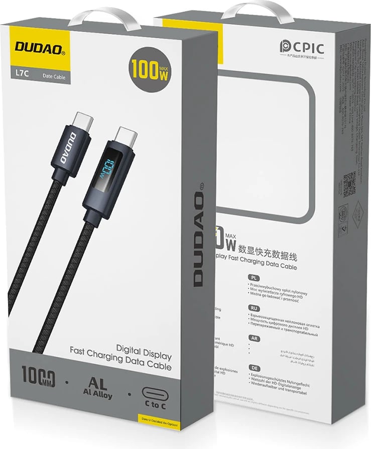Kabllo USB-C në USB-C Dudao L7C, 1m, 100W, me ekran LED, e zezë