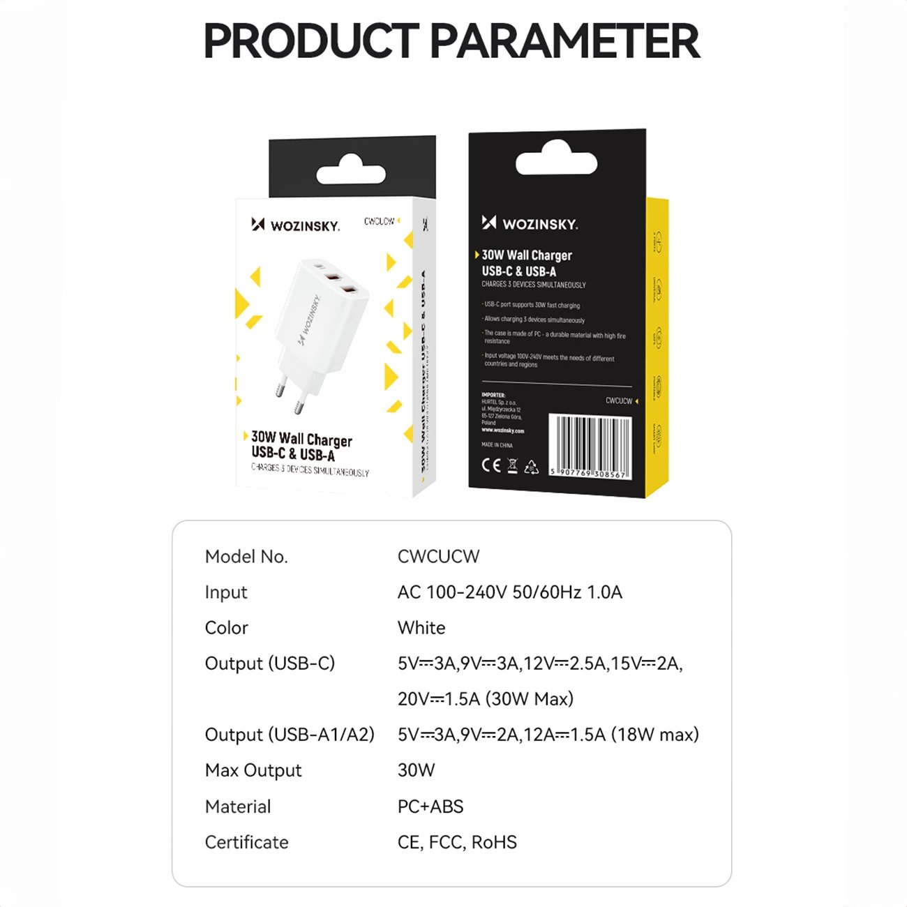 Karikues muri Wozinsky CWCUCW, 30W, 1x USB-C, 2x USB-A, i bardhë