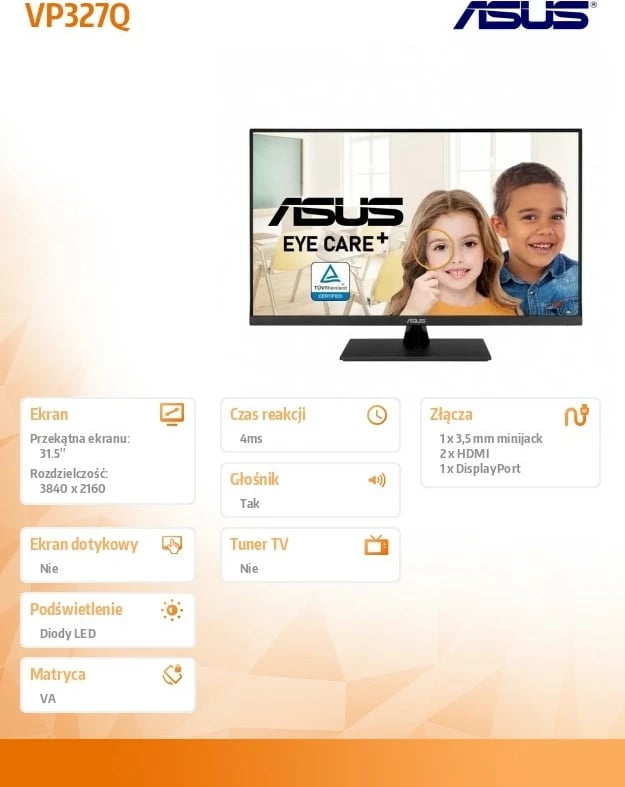 monitor Asus VP327Q 31.5" 4K UHD 60Hz VA me altoparlantë, Adaptive-Sync, Eye Care, DP/HDMI, i zi, me kabllo HDMI