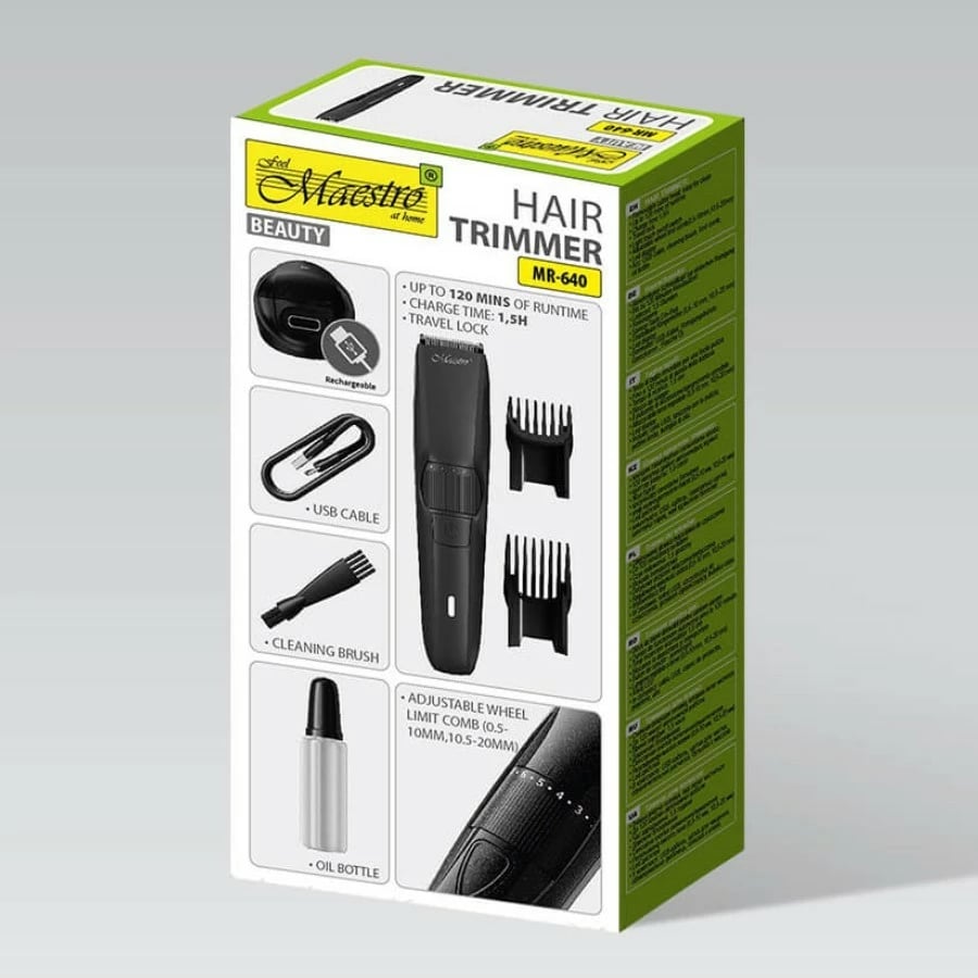 Trimmer flokësh dhe mjekre Feel-Maestro MR-640, bateri 600 mAh 120 min, rregullim 0.5–20 mm me 10 pozicione, USB-C, përdorim i thatë, i zi, set me 2 krehra