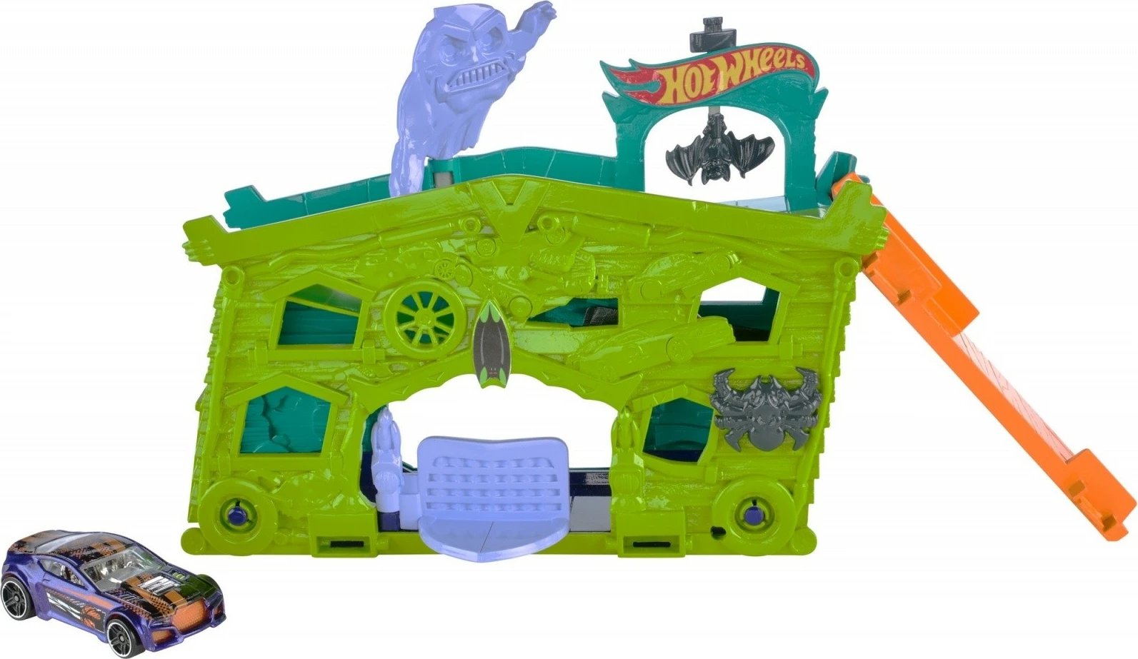 Set garazh lodër Hot Wheels Haunted Garage FJN34/FJN38, me veturë, Jeshile/Portokalli/Vjollcë