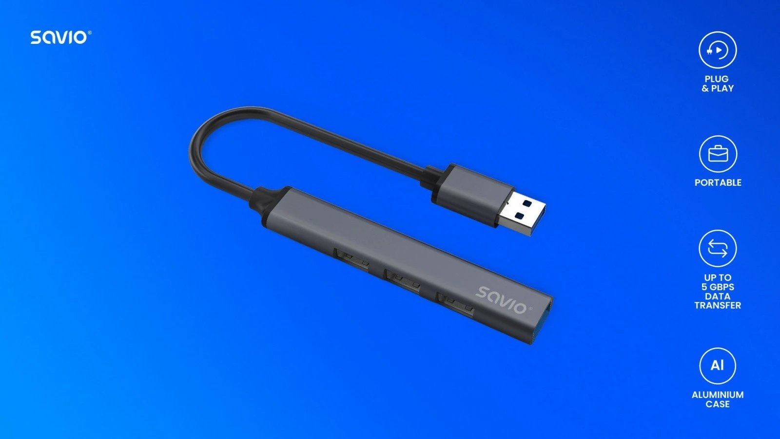 Hub USB-A 4 porta Savio AK-70, 3x USB-A 2.0, 1x USB-A 3.1 Gen 1, 5 Gbps, Alumini, Gri