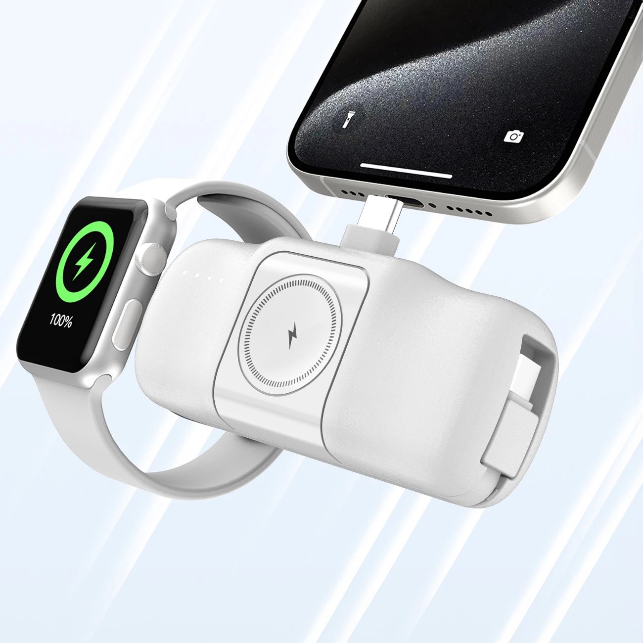 Powerbank Wozinsky WF16-YCS, 5000mAh, 15W, me kabllo USB-C të integruar dhe karikues për Apple Watch, Bardhë