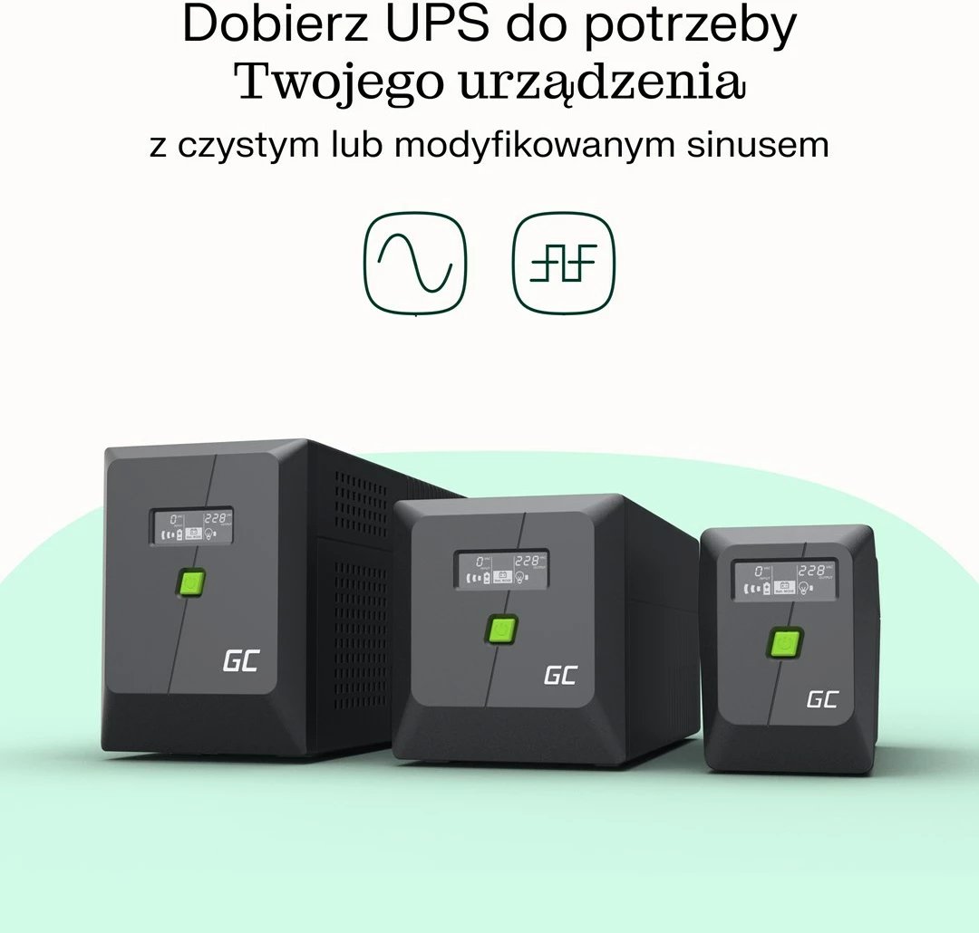 UPS Green Cell UPSLM480, 0.85 kVA, 480 W, 2 dalje AC, 9 Ah, 12 V, e zezë