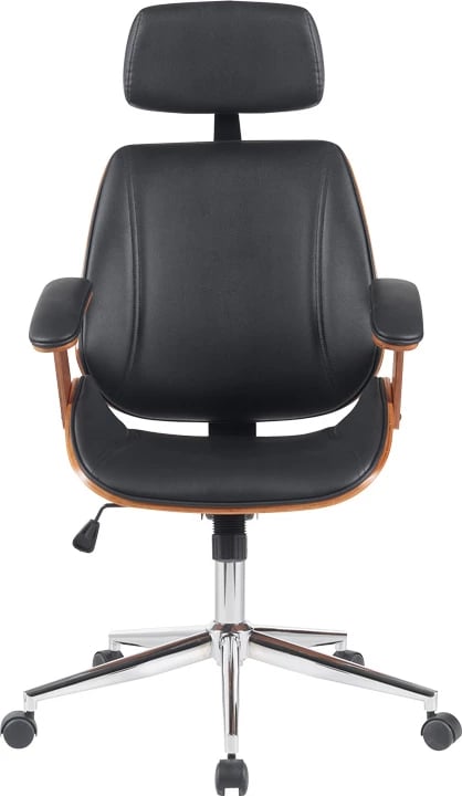 Karrige regjisori për zyre Fetseno, lëkurë PU e zezë, bazë kromi, 53x56x113.5-123.5cm