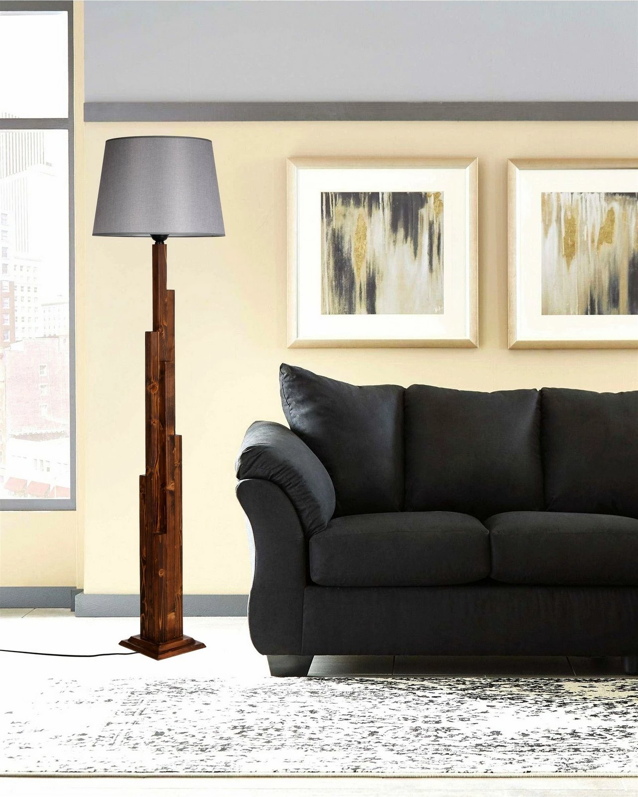 Llambë dyshemeje Opviq, trup druri ngjyrë arre, abazhuri gri, model Pramit