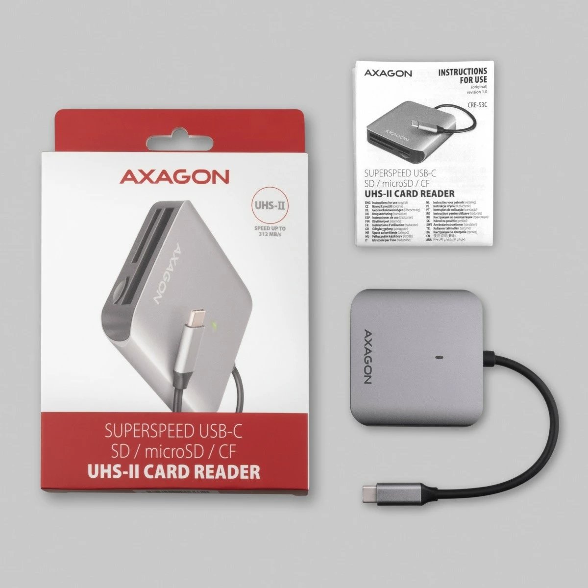 Lexues kartelash AXAGON CRE-S3C, USB-C, 3 slote, alumini, Gri