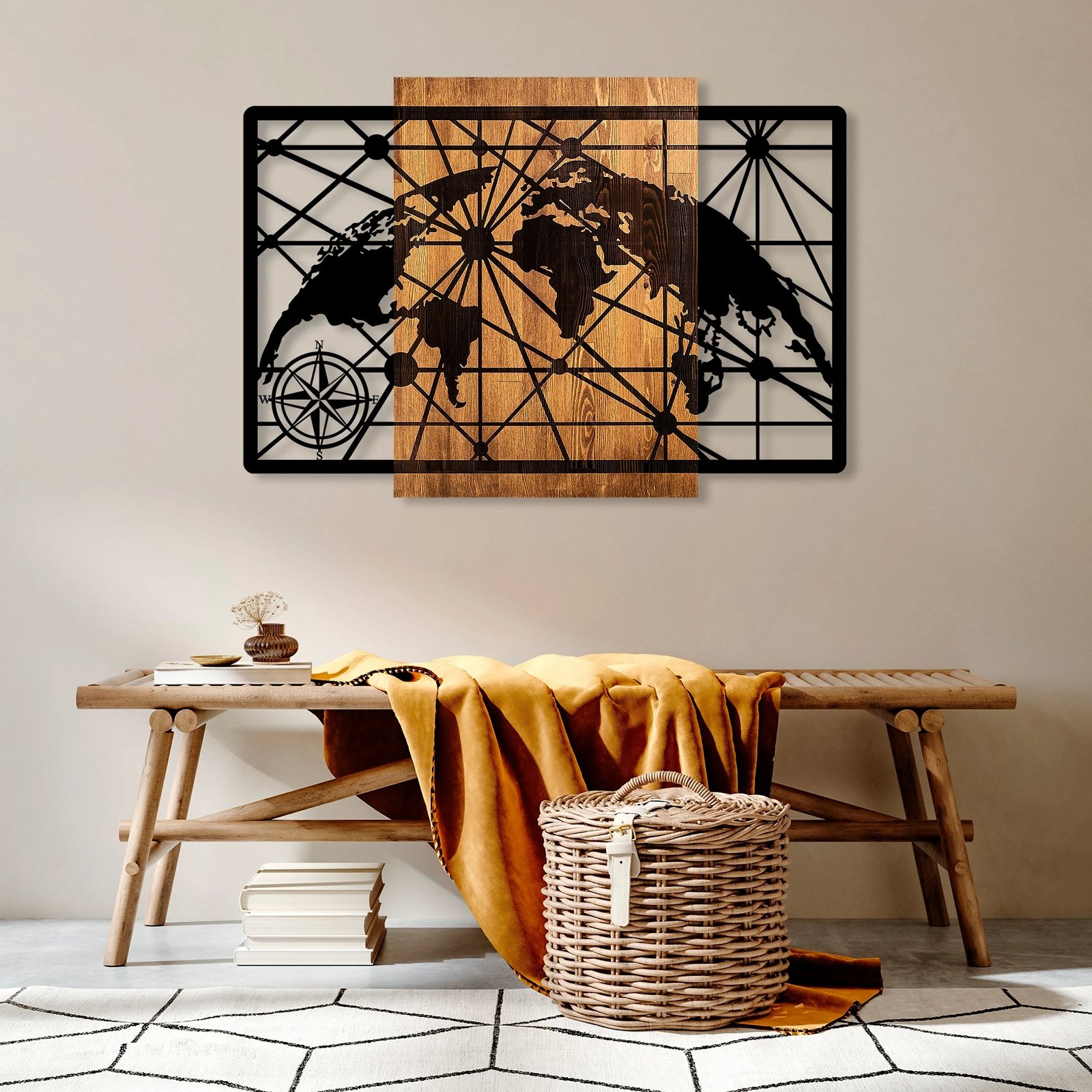 Aksesor dekorativ për mur, hartë bote, dru dhe metal, Wallity, 70x99cm, ngjyrë arre dhe e zezë