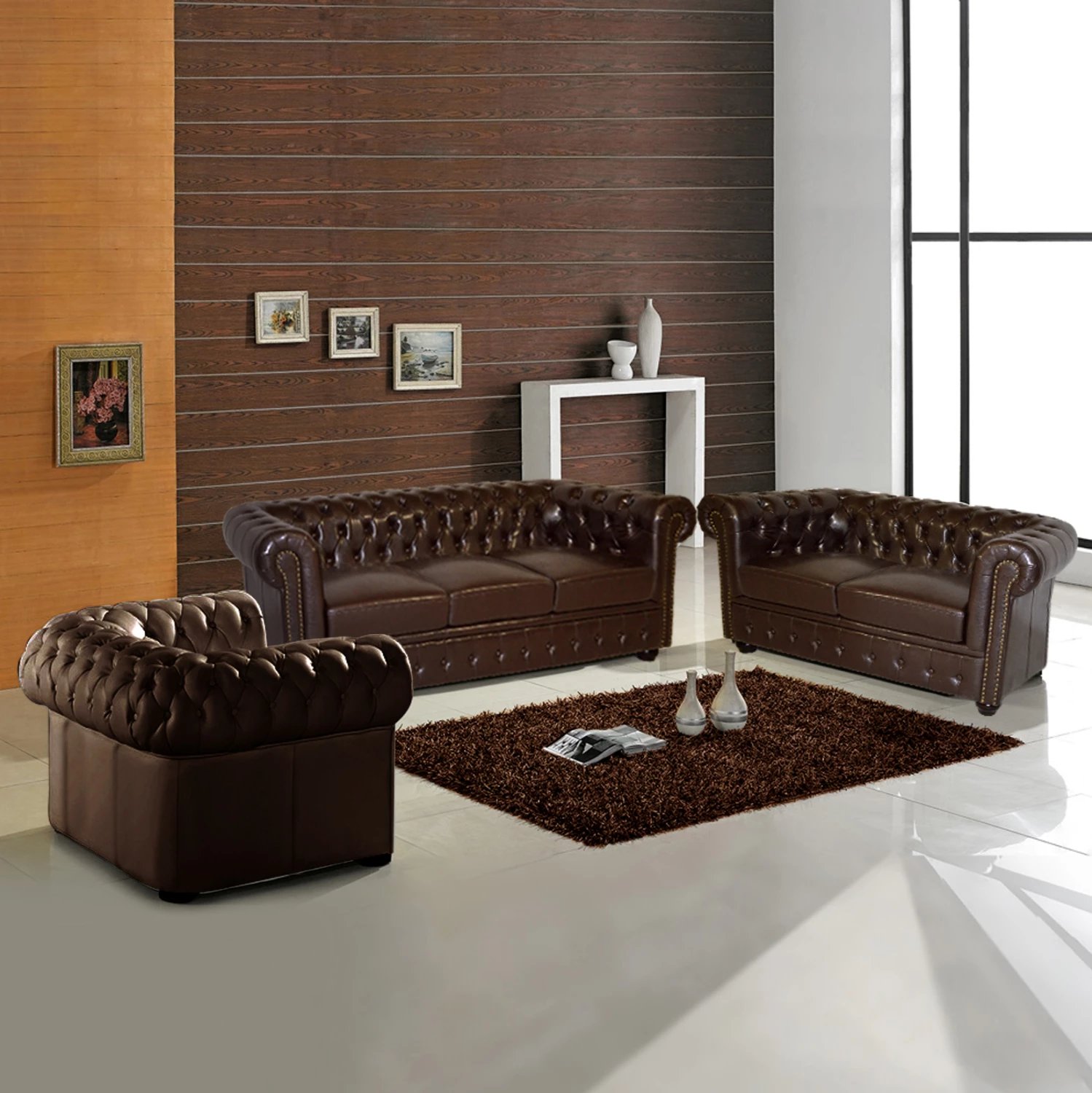 Set salloni 2shesh + 3shesh + karrige Chesterfield, ngjyrë kafe e errët