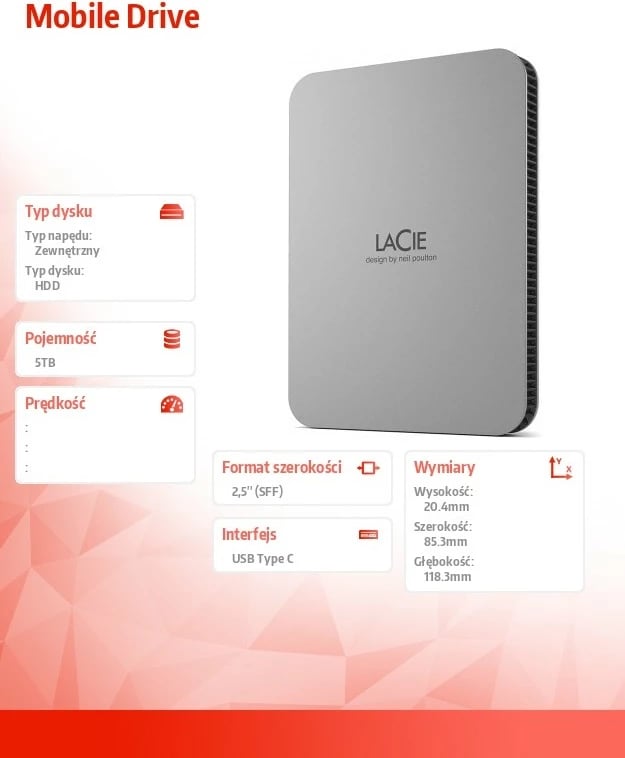 Hard disk i jashtëm LaCie Mobile Drive 5TB, USB Type-C, Argjend