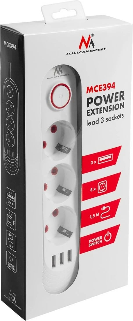 zgjatës elektrik, Maclean, MCE394 W, 3x Schuko + 3x USB, kabllo 1.5 m, 2500 W, 110-240V 50/60Hz, çelës ON/OFF, i bardhë