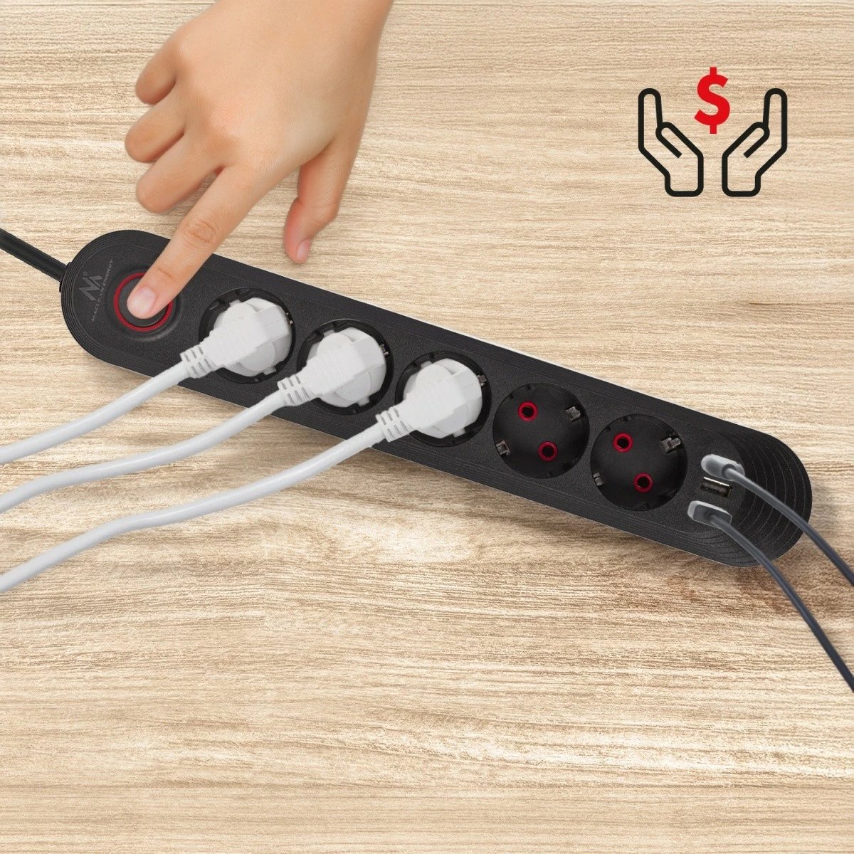 Zgjatues shumëprizash Maclean MCE395 B 5xSchuko 3xUSB 2.1A 2500W 1.5 m, i zi