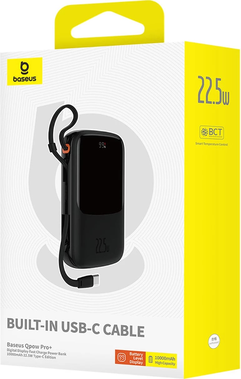 Powerbank Baseus QPow Pro+ 10000mAh, 22.5W, me kabllo USB-C të integruar dhe ekran, e zezë Powerbank Baseus QPow Pro+ 10000mAh, 22.5W, me kabllo USB-C të integruar dhe ekran, e zezë