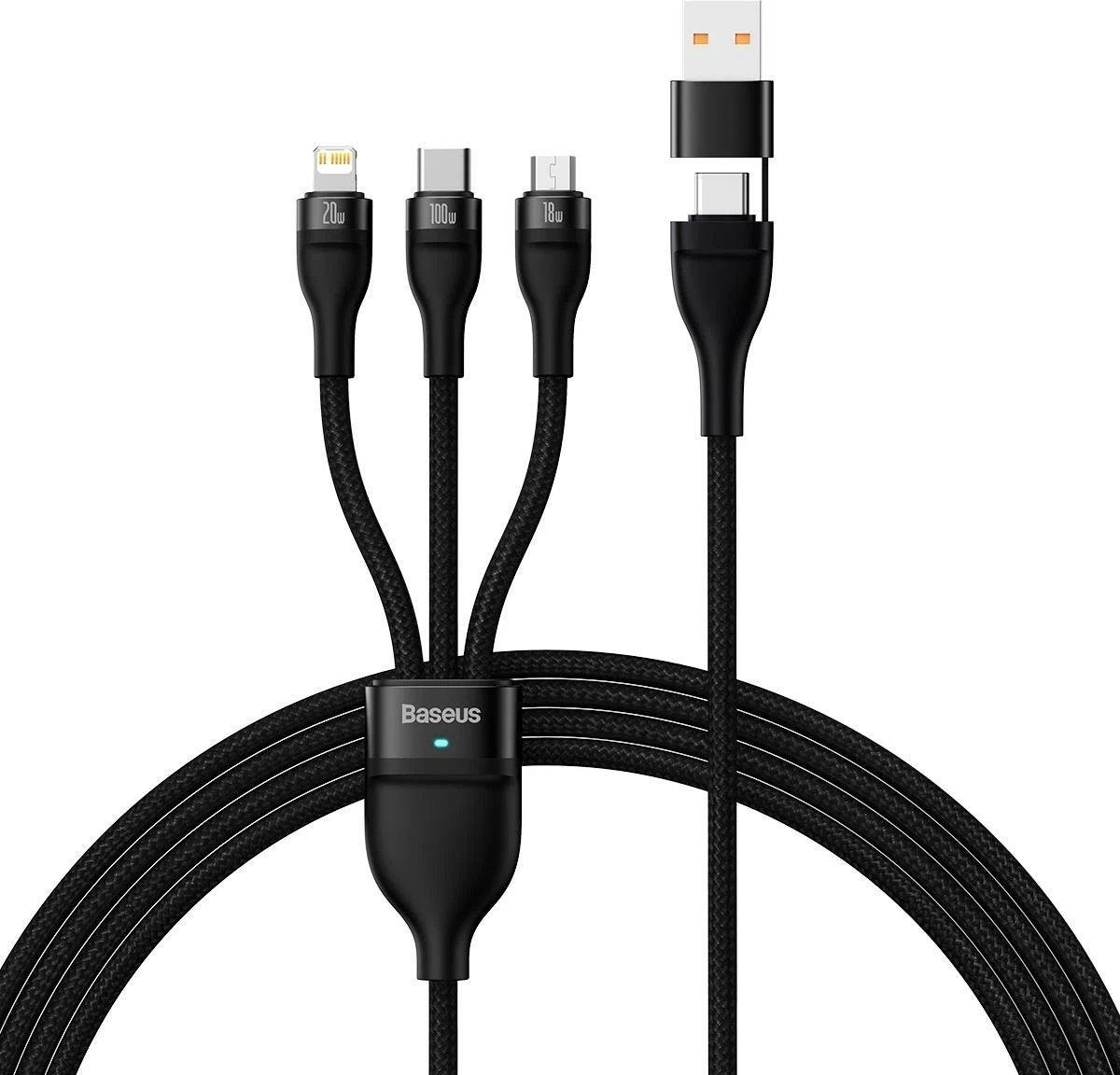 Kabllo multifunksional Baseus Flash Series II CASS030101, 1.2m, 100W, USB-A/USB-C/Lightning/micro USB, e zezë