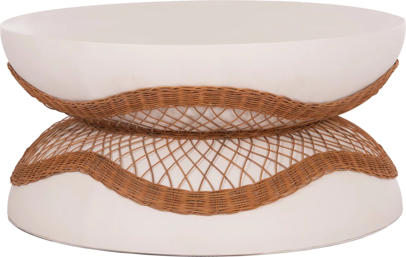 Tavolinë kafeje rrethore ANNA, çimento fiber e bardhë, ratan natyral, FH18157.02, 92x44.5cm