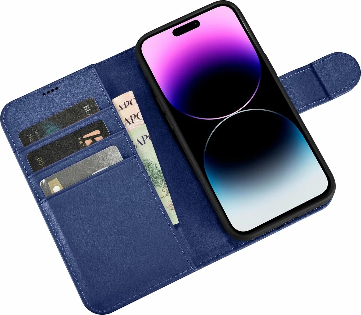 Mbështjellës iCarer Wallet Case 2in1 për iPhone 14 Pro Max, lëkurë, Anti-RFID, Kaltër