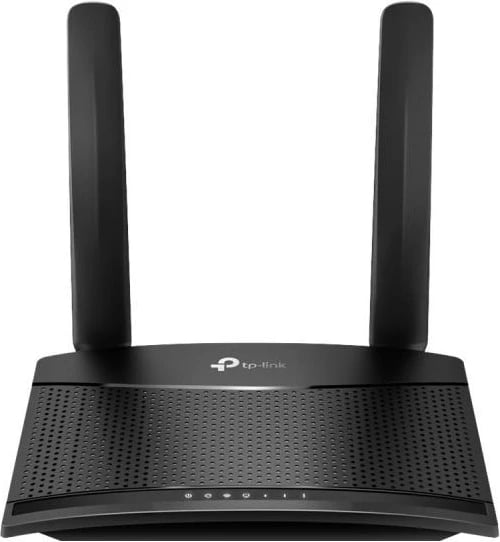 Router mobil, TP-Link TL-MR100, 4G LTE, Wi‑Fi 300Mbps, modem i brendshëm, slot SIM, 4 porta LAN, me 2 antena, e zezë