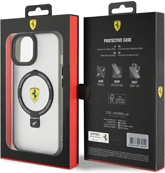 Mbështjellës Ferrari FEHMP15SUSCAK për iPhone 15 6.1", Ring Stand, MagSafe, zi