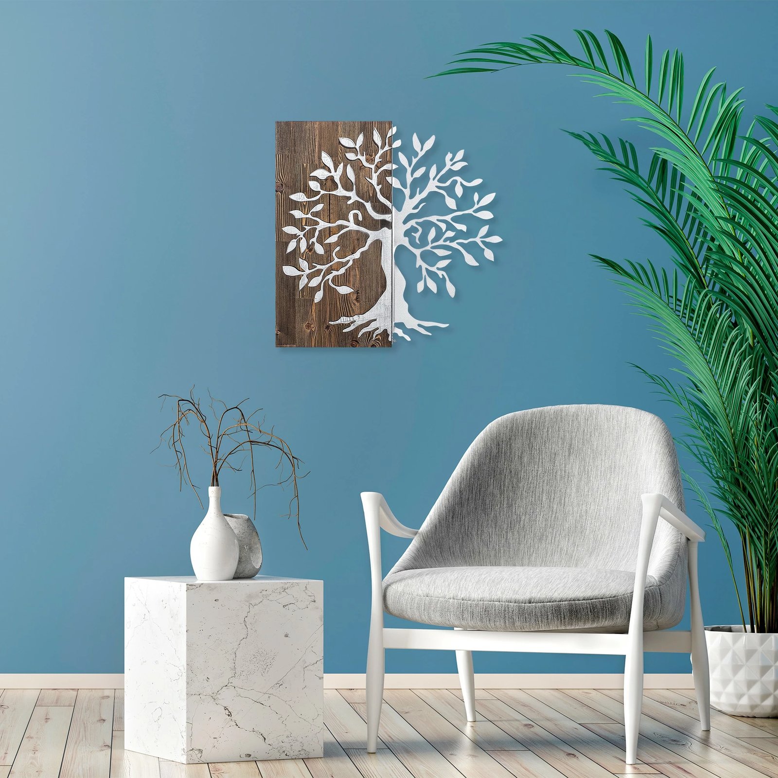 Aksesor dekorativ për mur, dru dhe metal, pemë, ngjyrë arrë dhe argjend, 58x58cm