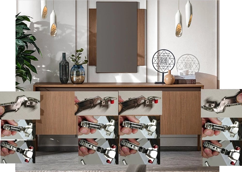 Komodë anësore prej druri, 4 dyer, ngjyrë arre, 200x45x81