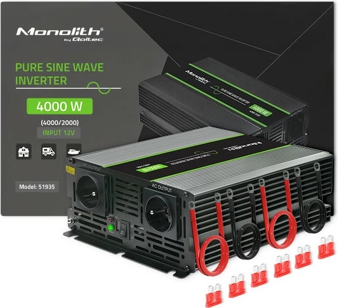 Konvertues voltazhi Qoltec Monolith 51935, 2000W/4000W, 12V në 230V, Pure Sine Wave, Grafit