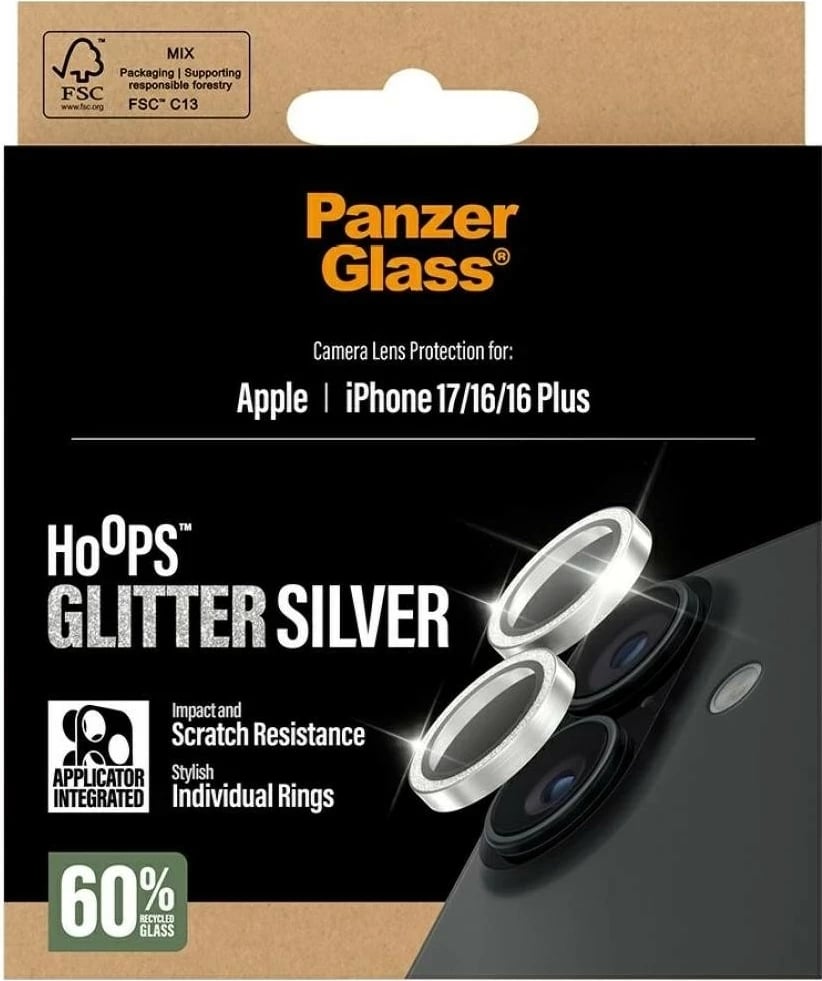 Mbështjellës lente PanzerGlass Hoops Glitter për iPhone 17/16/16 Plus, argjendtë