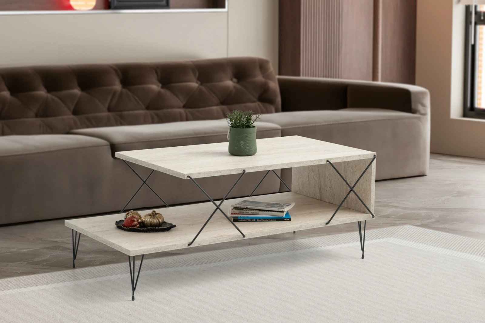 Tavolinë e ulët Hanah Home, Loire, ngjyrë e zezë dhe travertin