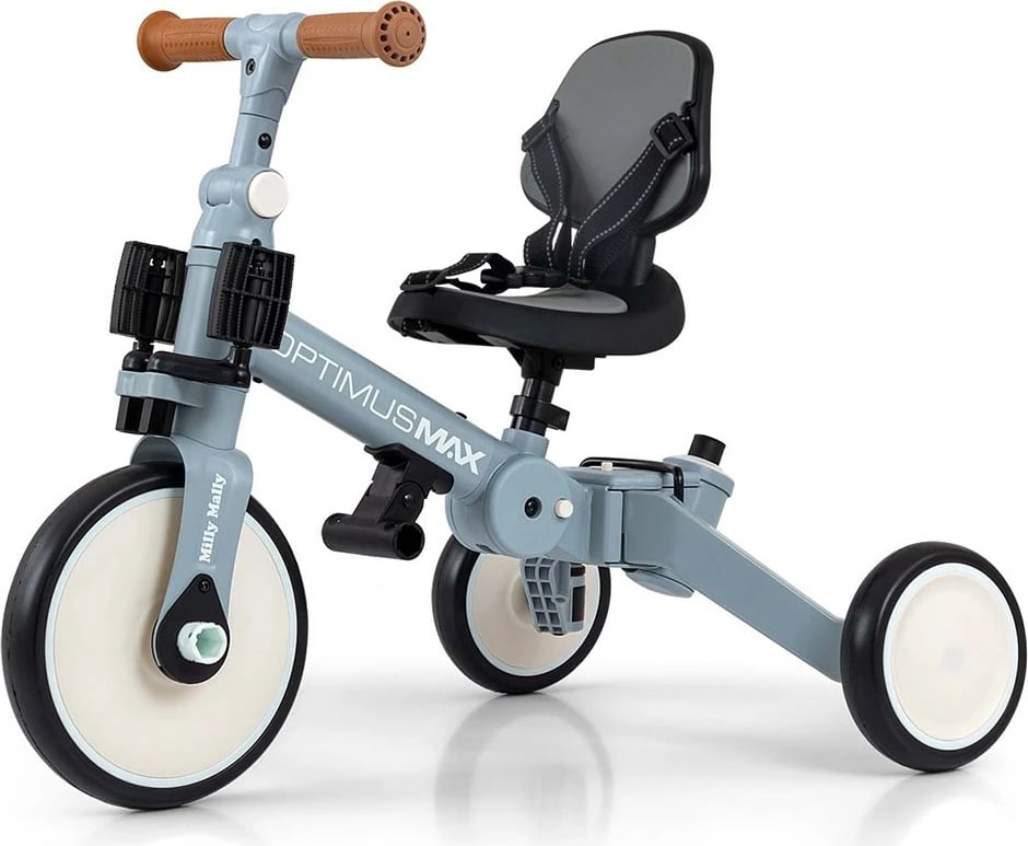 tricikël 5‑në‑1 me dorezë prindi, Milly Mally, Optimus Max, rrota shkumë, sedile e rregullueshme, 12–36 muaj, blu denim