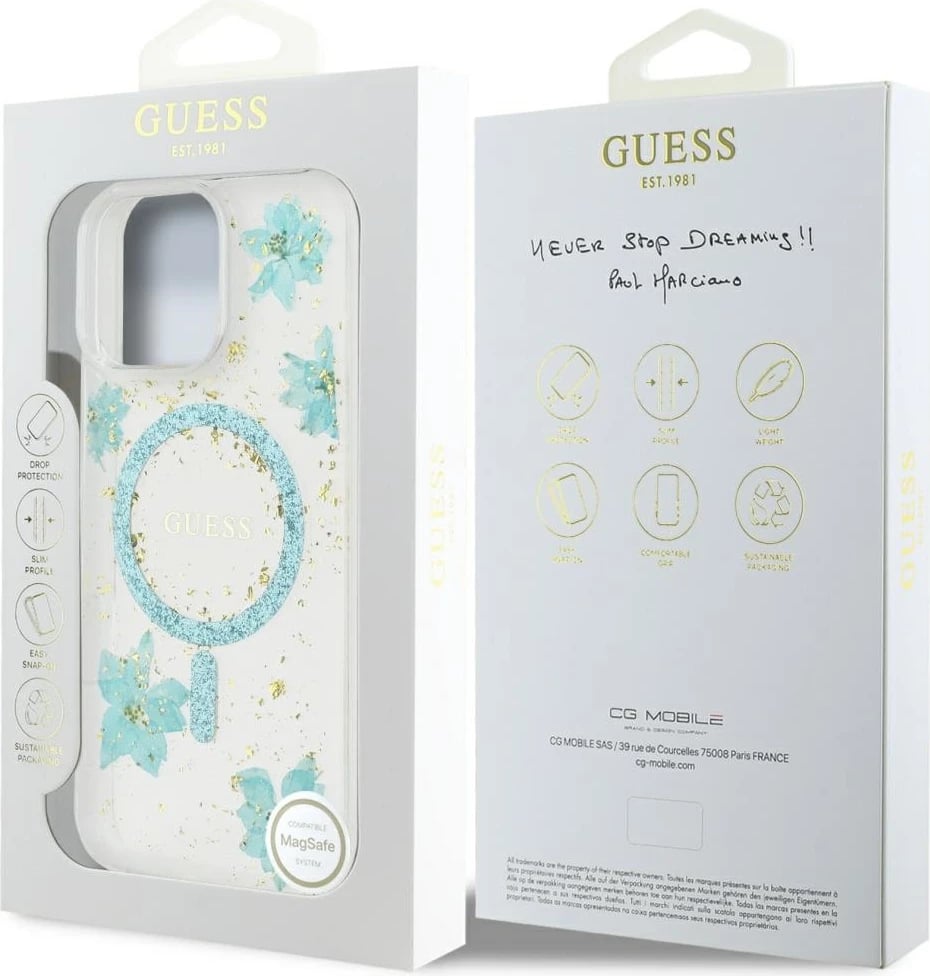 Mbështjellës Guess Resin Flowers Glitter MagSafe për iPhone 16 Pro, Transparent/Turkeze