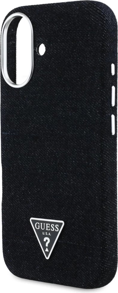 Mbështjellës Guess Denim Triangle Logo MagSafe për iPhone 16, i zi