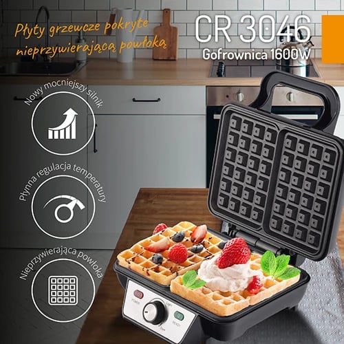 Aparat për gofra, Camry CR 3046, 1600W, kontroll i butë i temperaturës, pllaka jo‑ngjitëse