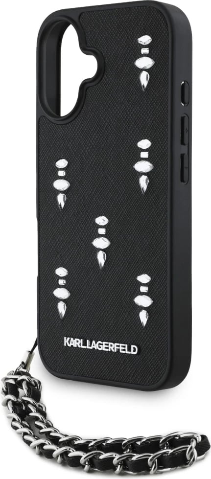 Mbështjellës Karl Lagerfeld Saffiano Crystals me zinxhir për iPhone 16, i zi