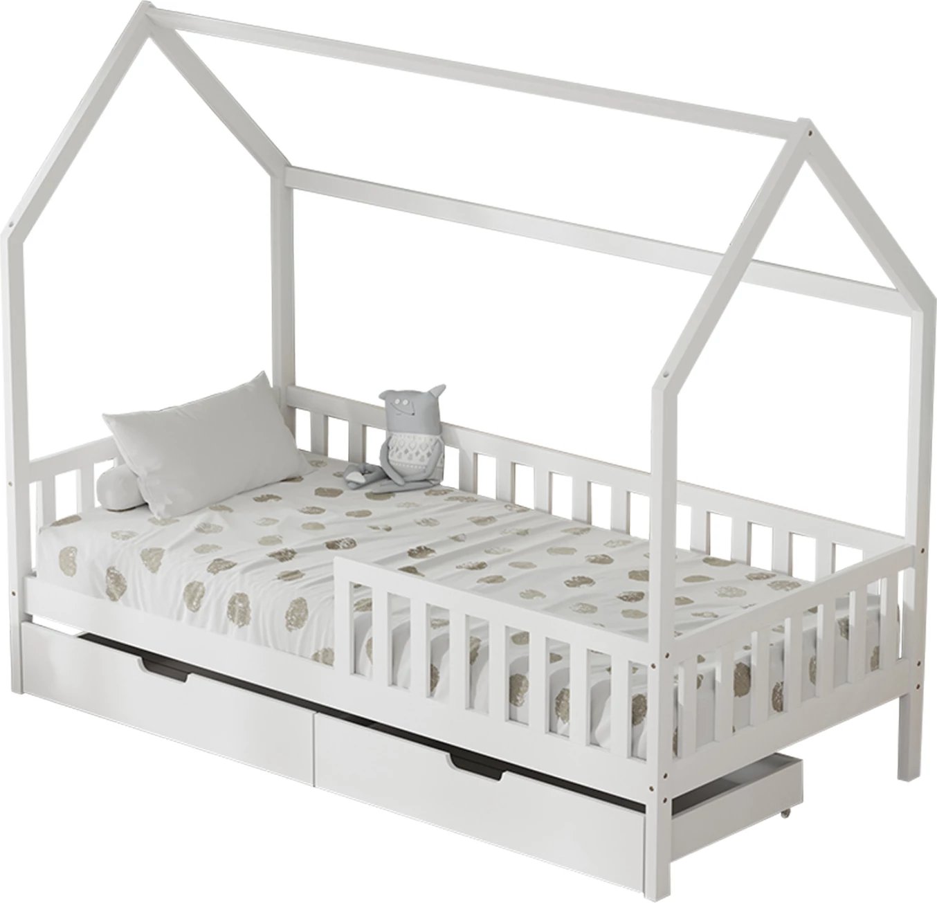 Krevat për fëmijë me sirtarë, stil Montessori, dru i bardhë, PHYLLIS FH724.03, 196x97x161cm