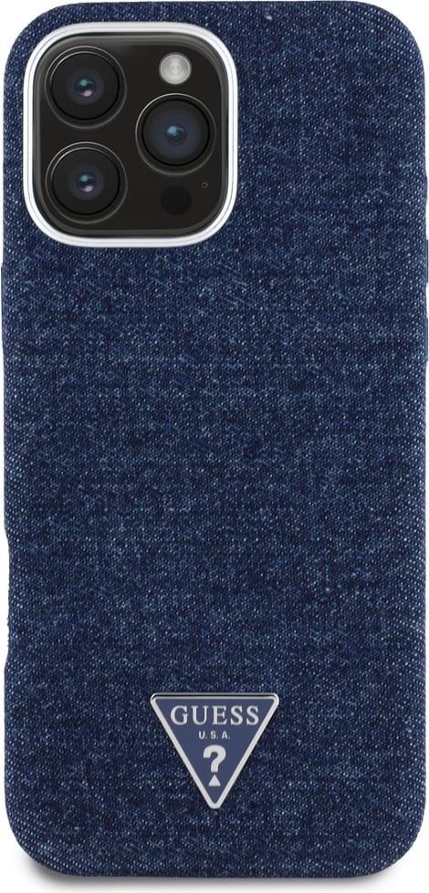 Mbështjellës Guess Denim Triangle Logo MagSafe për iPhone 16 Pro, Kaltër