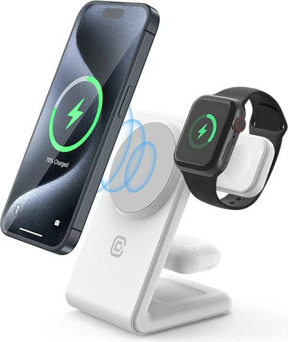 Karikues wireless 3-në-1 CRONG MagSafe për iPhone, Apple Watch, AirPods, Bardhë