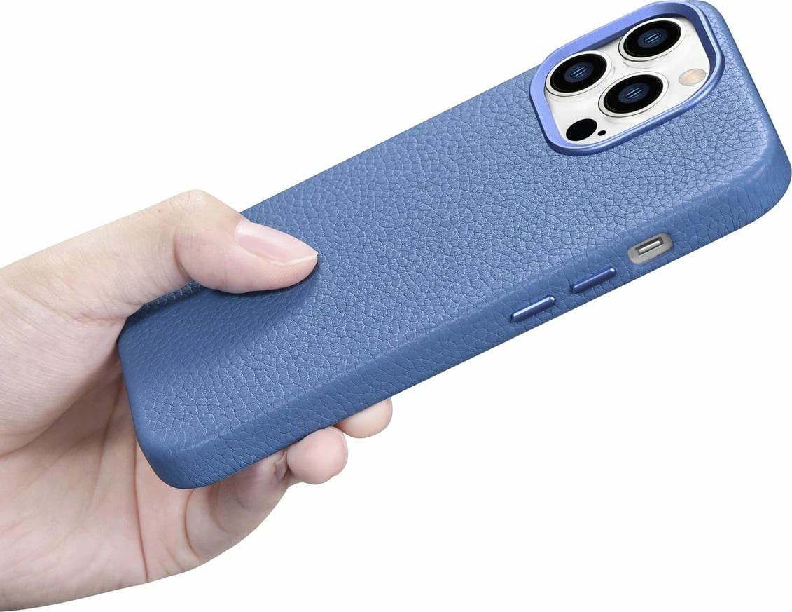 Mbështjellës iCarer Litchi Premium për iPhone 14 Pro, lëkurë natyrale, MagSafe, kaltër