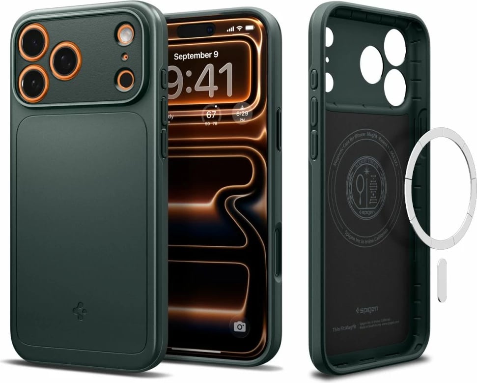 Mbështjellës Spigen Thin Fit MagSafe për iPhone 17 Pro/17 Pro Max, polikarbonat i hollë, unazë magnetike MagSafe, jeshile