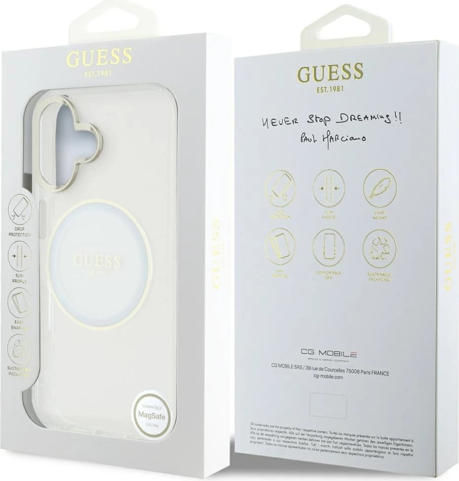 Mbështjellës Guess IML Metal Colored Circle Classic Logo MagSafe për iPhone 16, Bardhë