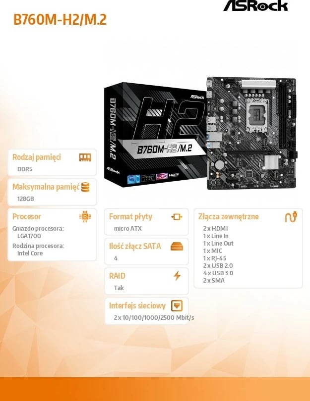 Pllakë amë, ASRock, B760M-H2/M.2, LGA1700 Intel B760, mATX, 2x DDR5 deri 128GB 7200+ OC, 1x PCIe 4.0 x16, 2x M.2 (Gen4x4), 4x SATA3, 2x HDMI, 2.5G LAN