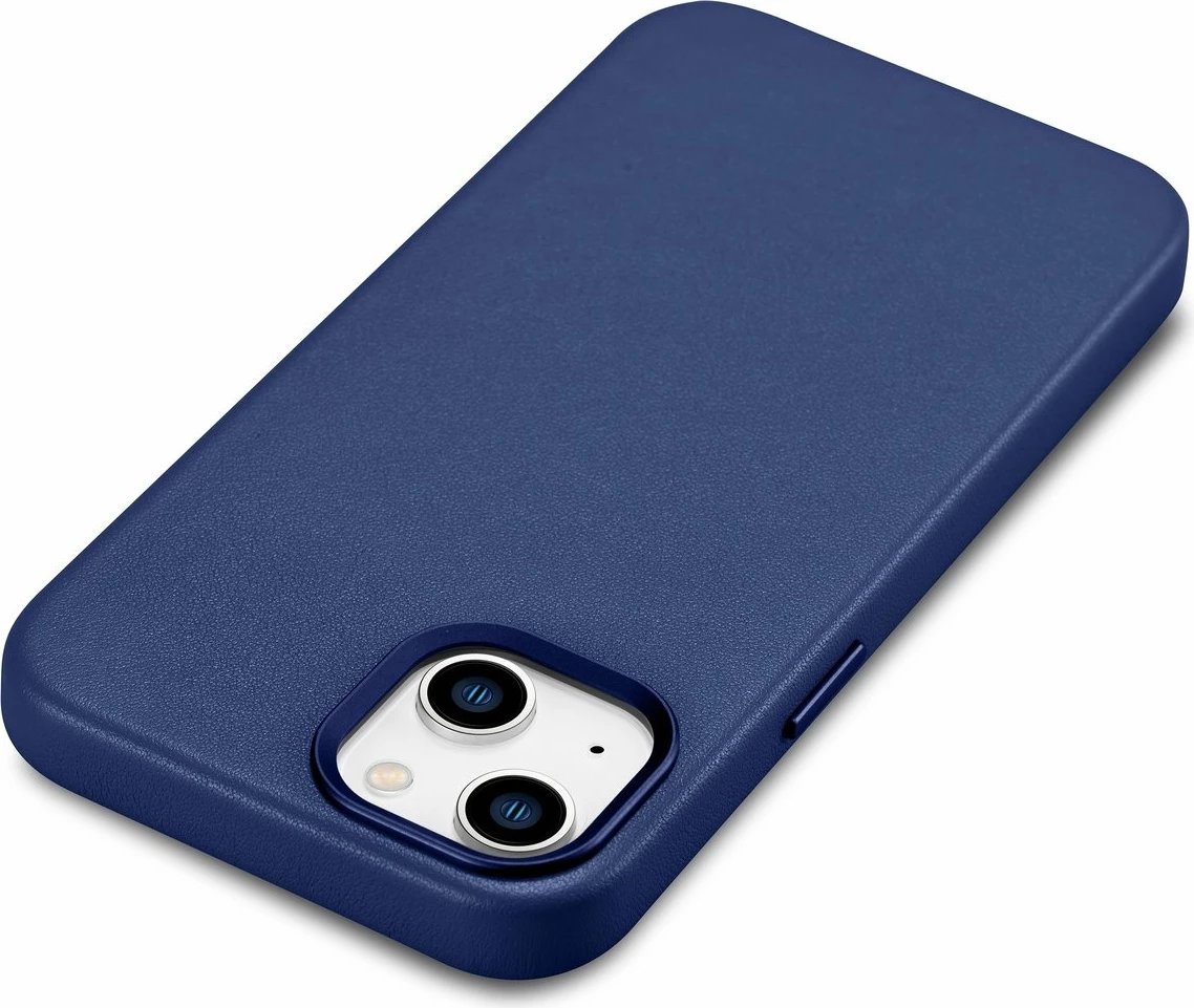 Mbështjellës iCarer për iPhone 14, lëkurë natyrale, MagSafe, kaltër