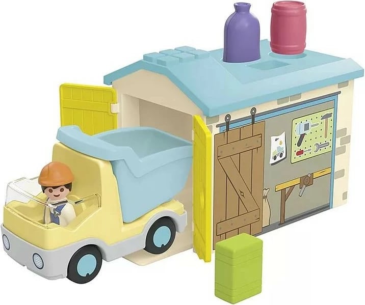 Set figurina Playmobil Junior 71686, kamion me garazh dhe panel për ndarje formash, plastikë, 9 pjesë
