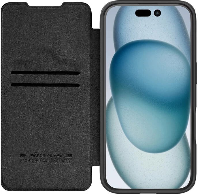 Mbështjellës Nillkin Qin Prop Leather për iPhone 16, lëkurë, i zi