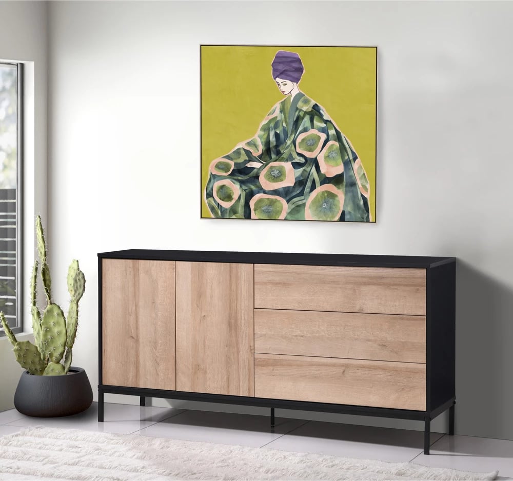 Bufe Blackbird, 2 dyer, 3 sirtarë, ngjyrë lisi Riviera, e zezë, 150x40x75.5cm