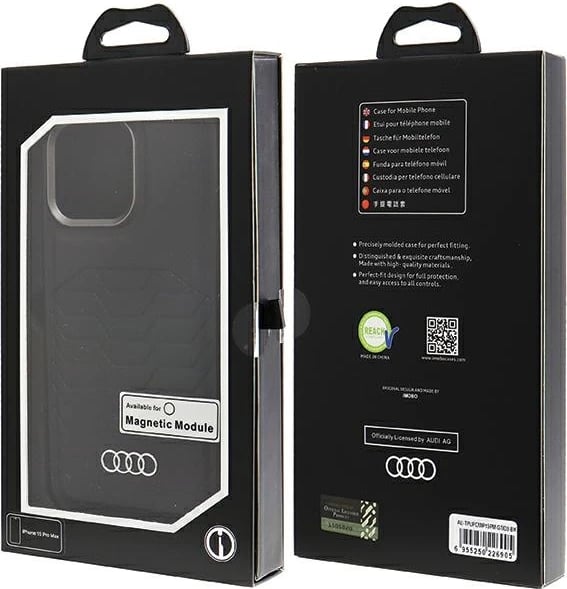 Mbështjellës Audi për iPhone 15 Pro Max, lëkurë sintetike, MagSafe, i zi