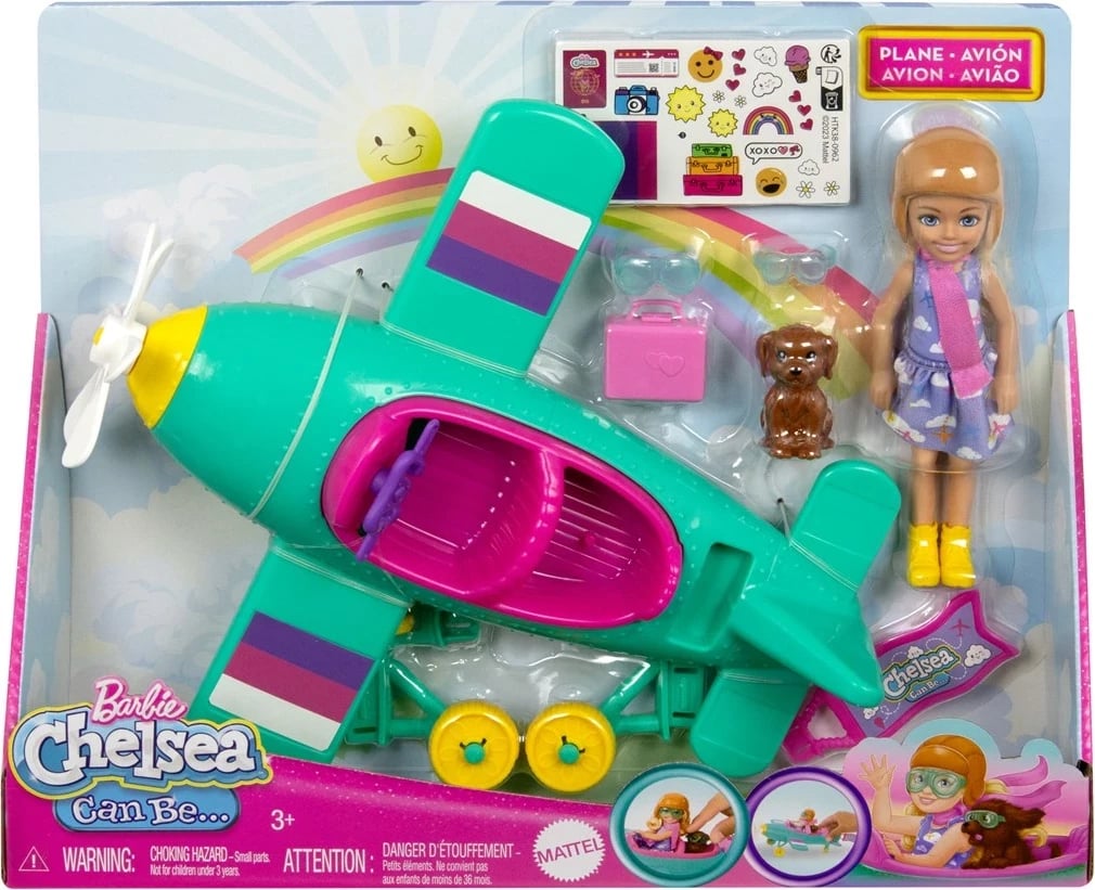 Set lodrash Barbie Chelsea Can Be… Plane me aeroplan, 2 ulëse, 7 aksesorë, shumëngjyrësh